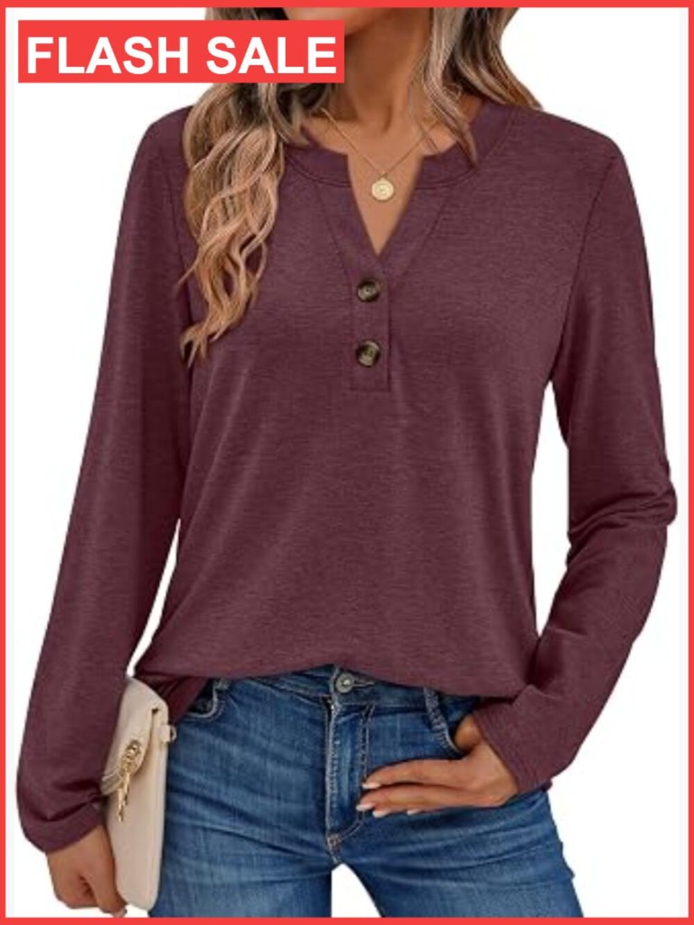 Women's Long Sleeve Henley Shirt Dressy Casual Blouse Loose Fit V-Neck